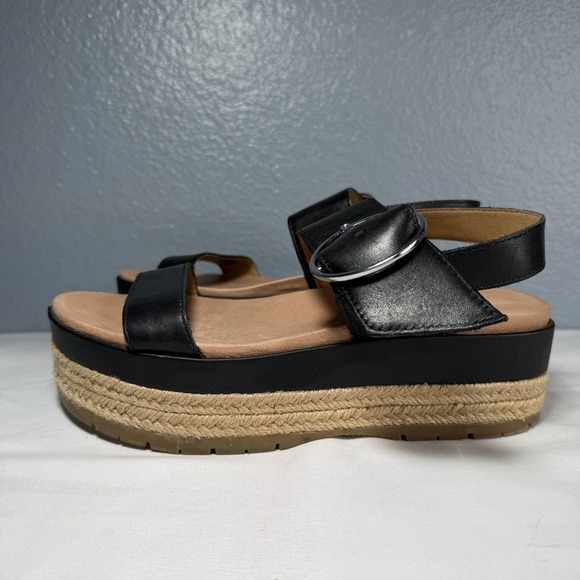 UGG Women 8 April Espadrille Platform Sandal Black Leather Buckle Strap EUC